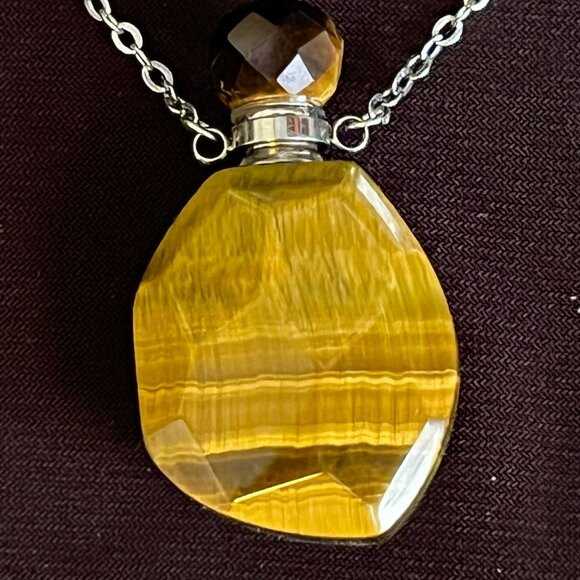 Tiger’s Eye Natural Stone Vial Pendant • 20” Silver Tone Chain • Keepsake Urn - Picture 3 of 9